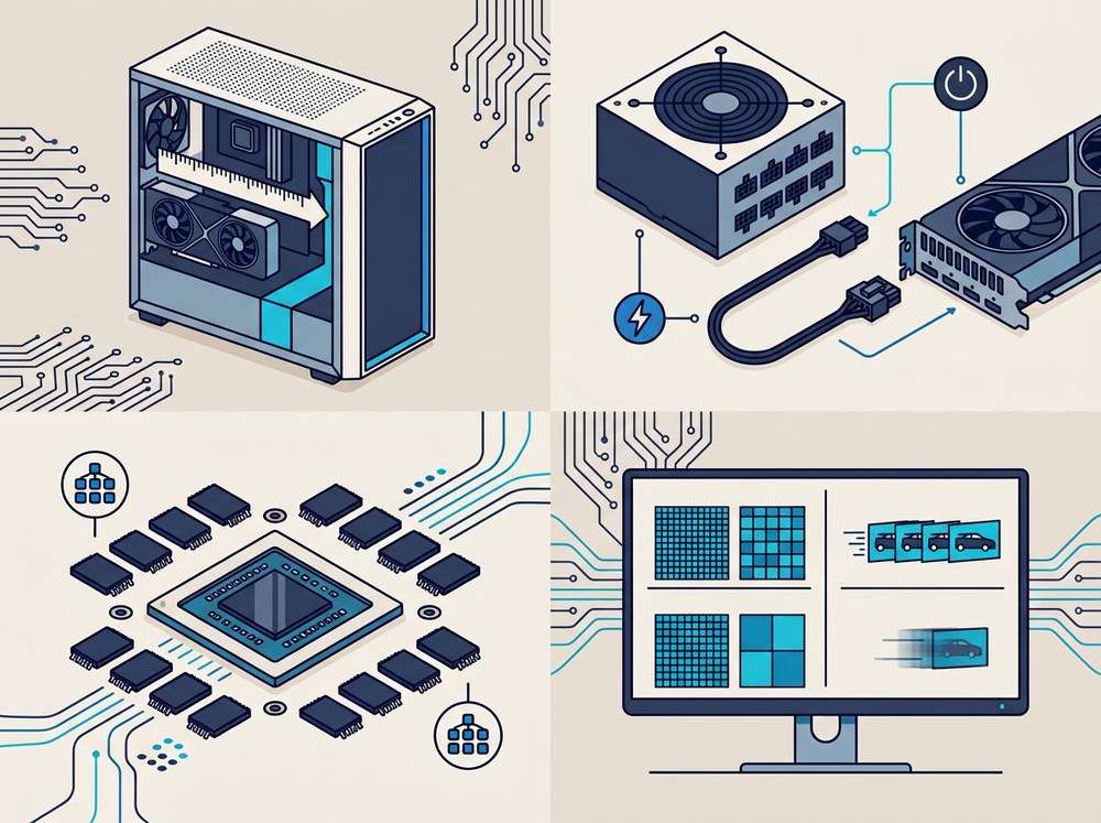Illustrazione dei controlli per una scheda video: spazio nel case, alimentazione, memoria video e monitor