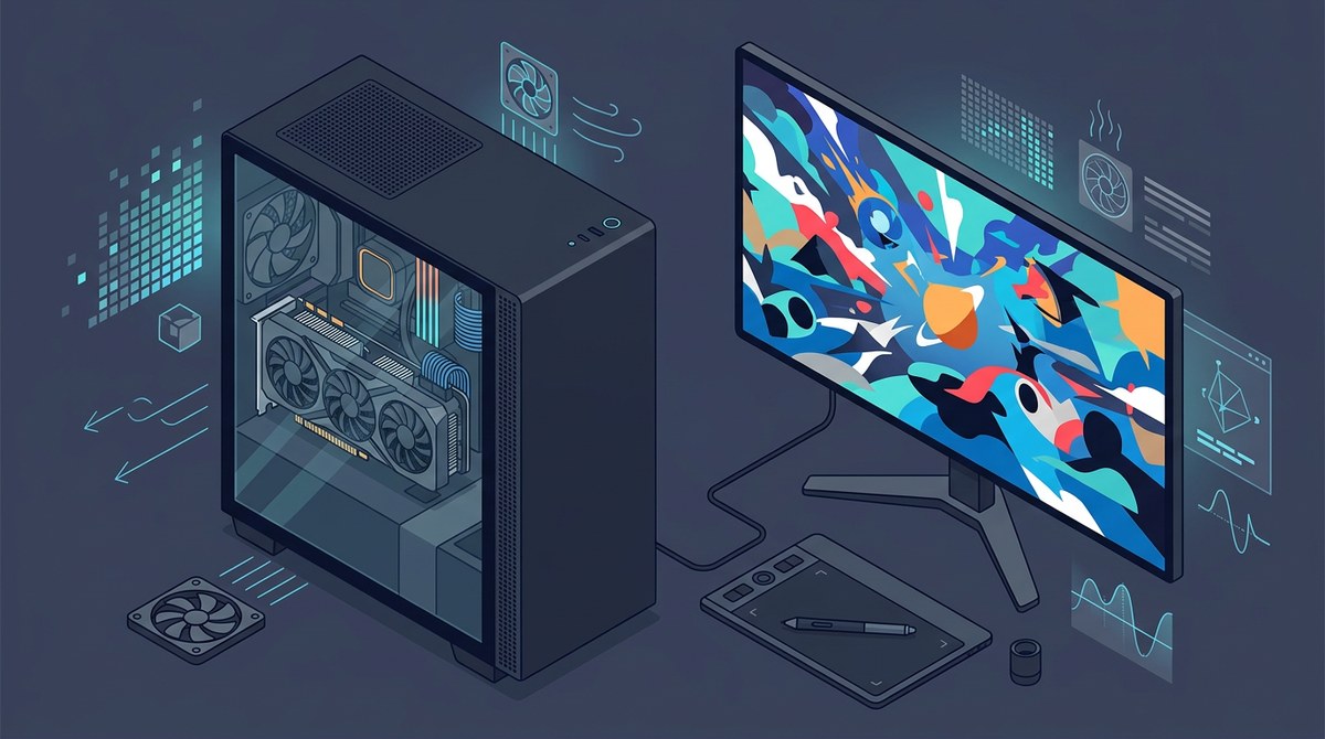 Un PC desktop con scheda video dedicata collegato a un monitor, in un'illustrazione tecnica