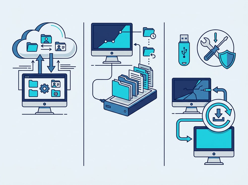 Illustrazione delle differenze tra sincronizzazione cloud, cronologia dei file su disco esterno e unità USB di ripristino