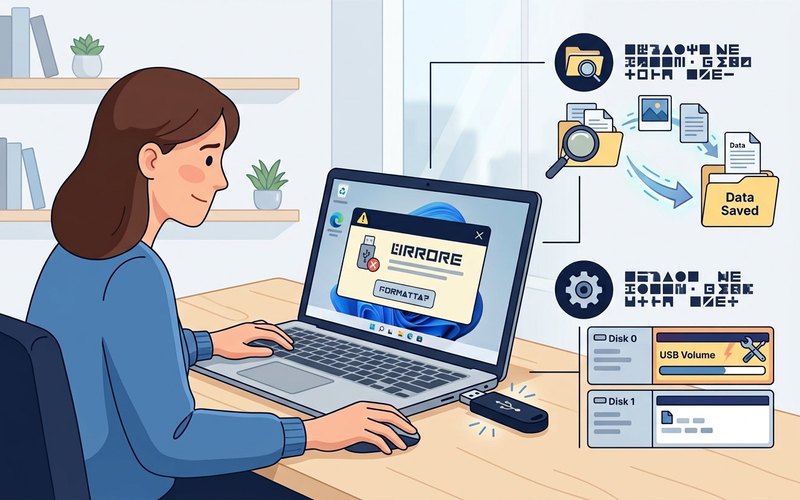 Illustrazione di una chiavetta USB con errore di formattazione e opzioni di recupero dati
