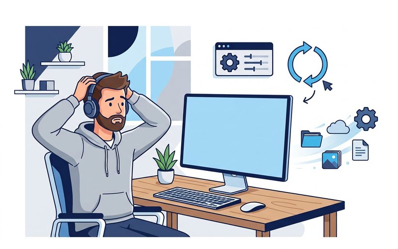 Illustrazione di un desktop Windows vuoto con barra e icone che riappaiono dopo la correzione