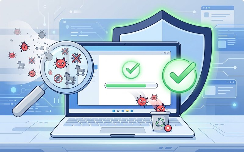 PC protetto da scudo con virus stilizzati rimossi
