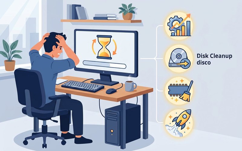 Illustrazione di un PC lento con clessidra e strumenti di ottimizzazione