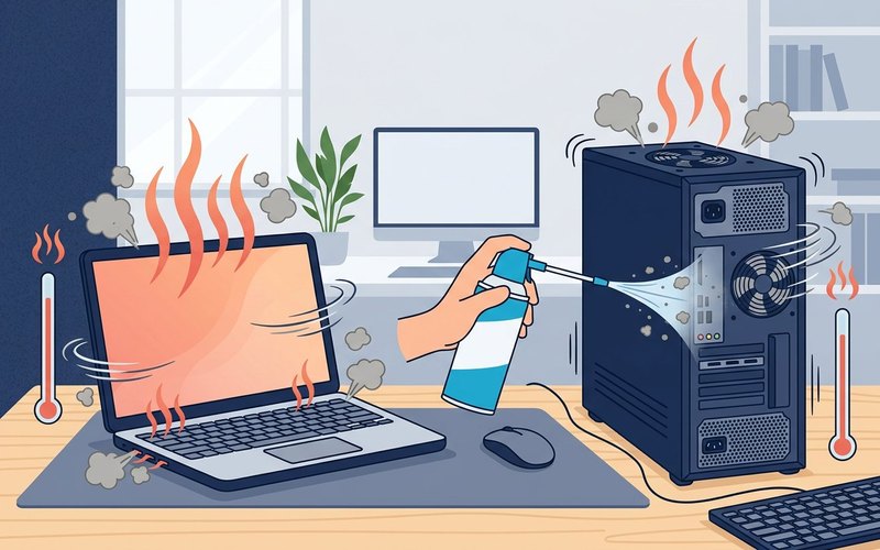 PC portatile e desktop con ventole, calore e polvere stilizzati