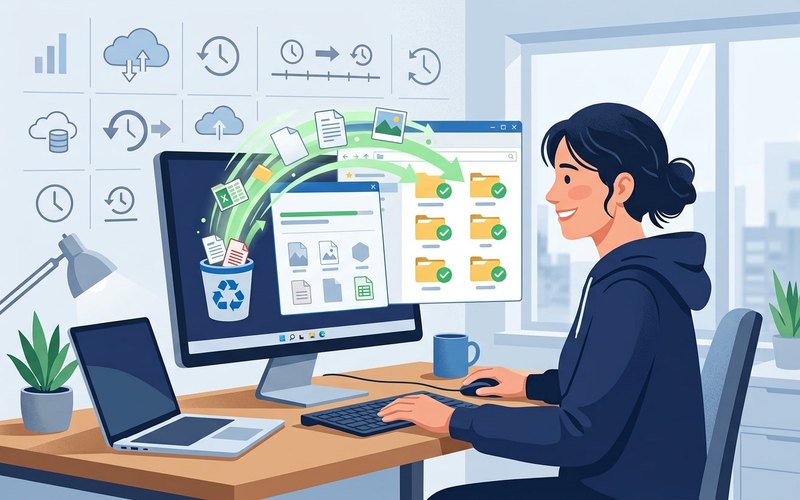 Illustrazione di un cestino e del ripristino di documenti cancellati in Windows