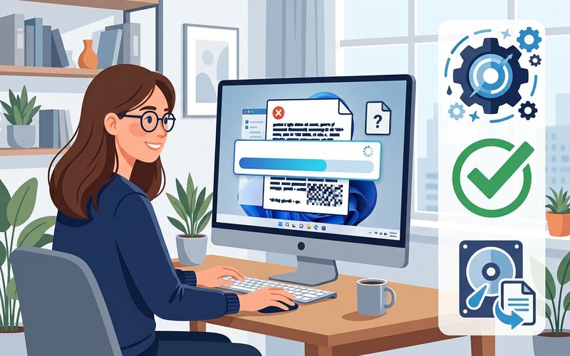 Illustrazione di un PC con scansione e riparazione di un file danneggiato