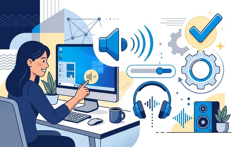Illustrazione di un computer con icona altoparlante e controlli volume