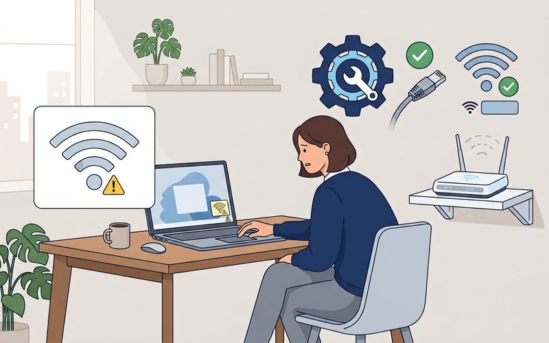 Illustrazione di un portatile con icona WiFi e router, simbolo di connessione assente
