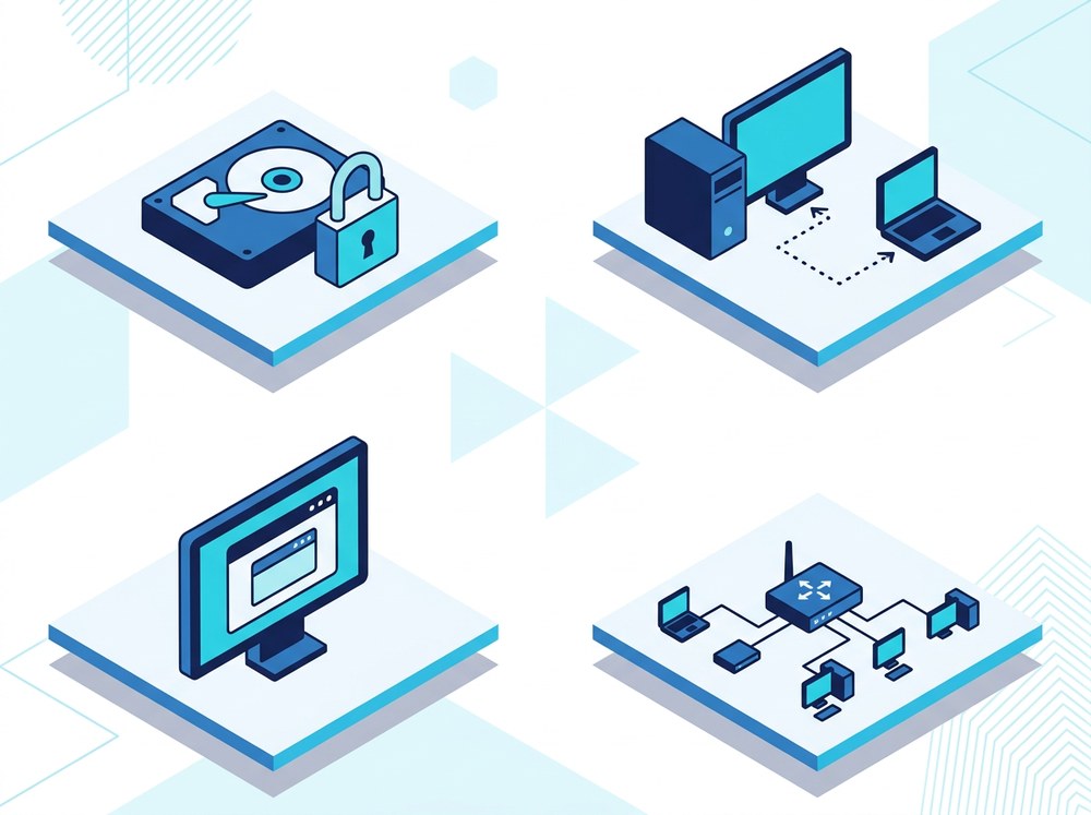 Illustrazione delle funzioni avanzate: cifratura del disco, accesso remoto, virtualizzazione e rete aziendale