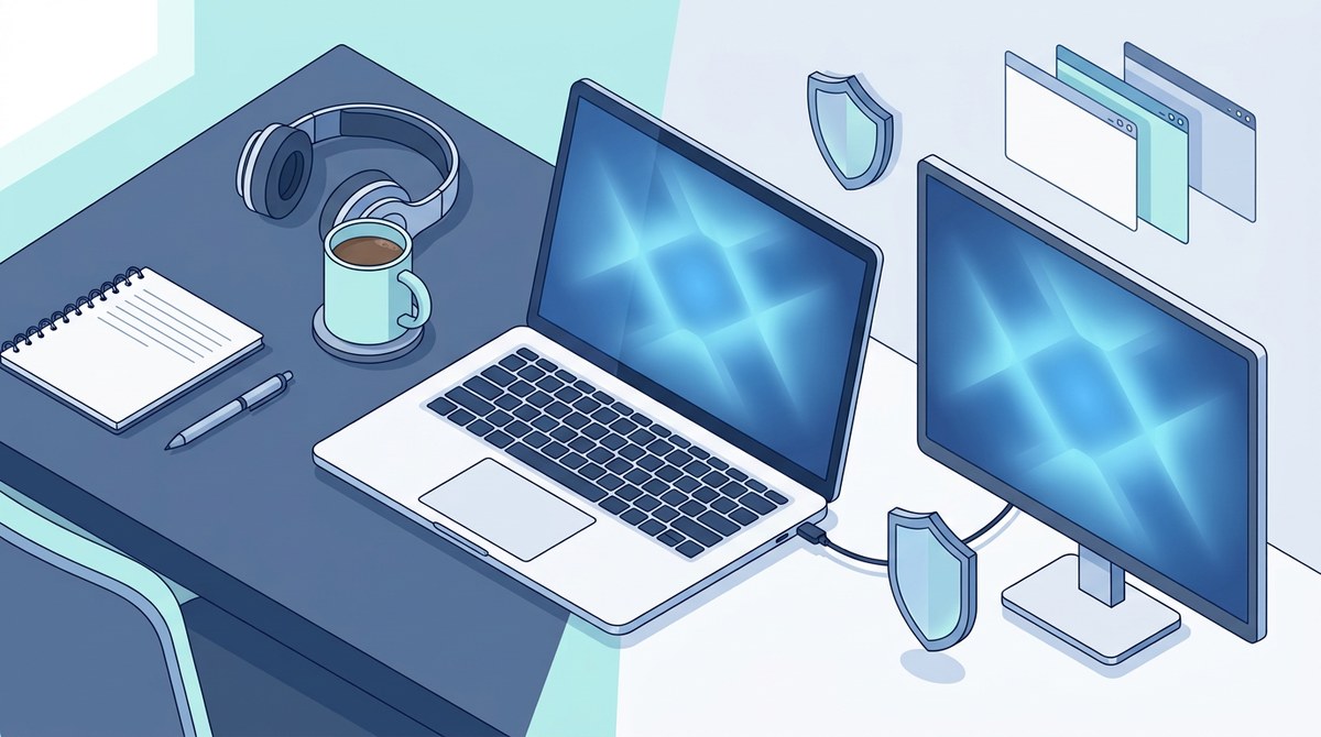Illustrazione di un portatile tra un ambiente domestico e una postazione di lavoro professionale